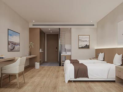 Modern Hotel Guest Room Interior With Double Bed Wooden Flooring Desk And Decorative Paintings 3d model