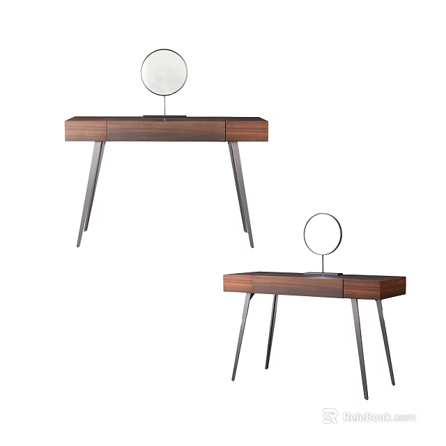 Modern Wooden Dressing Table With Round Mirror And Metal Legs Design 3d model 