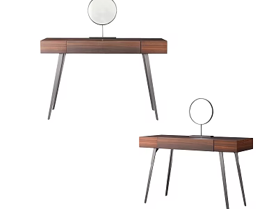 Modern Wooden Dressing Table With Round Mirror And Metal Legs Design 3d model