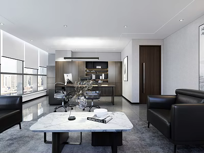 Modern Office Interior Design With Desk Chairs Sofa Large Windows And Natural Light 3d model