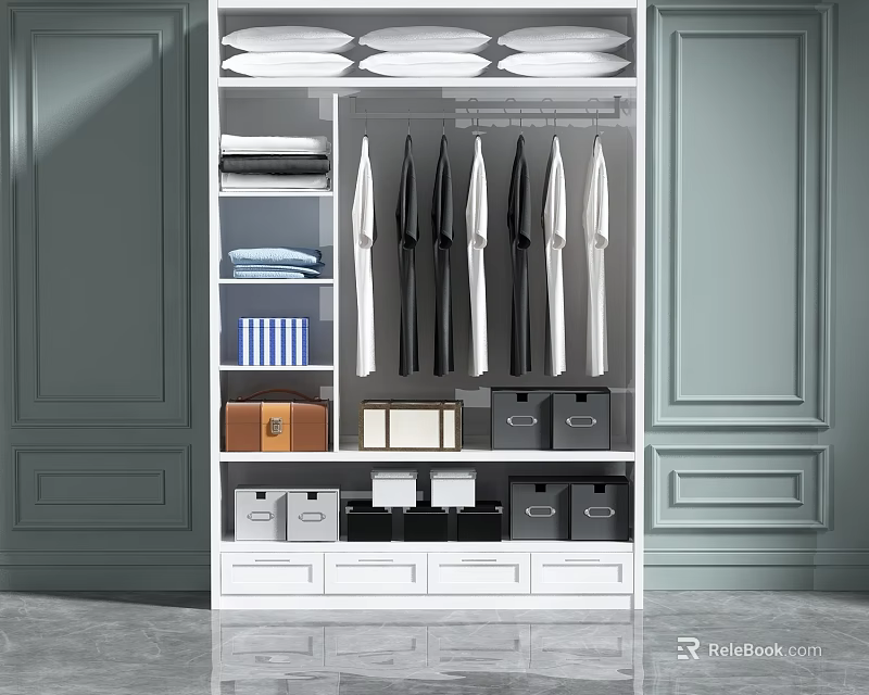 Modern Wardrobe Interior Design With Hanging Suits Folded Clothes And Storage Drawers 3d model 