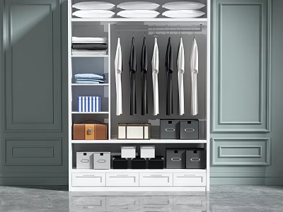 Modern Wardrobe Interior Design With Hanging Suits Folded Clothes And Storage Drawers 3d model