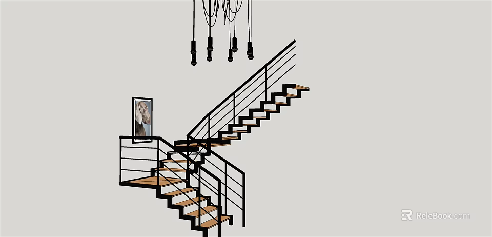 Modern Staircase With Wooden Steps Metal Railings And Pendant Lights Interior Design 3d model 