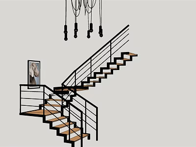 Modern Staircase With Wooden Steps Metal Railings And Pendant Lights Interior Design 3d model