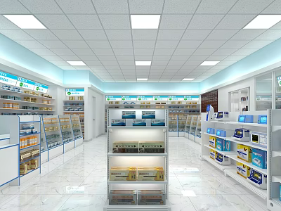 Pharmacy Store Interior Design With Bright Lighting And Organized Medicine Shelves 3d model