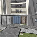 Modern Entrance Gate With Glass Wooden Elements Steps Decorative Pavement And Multi Story Building Balconies