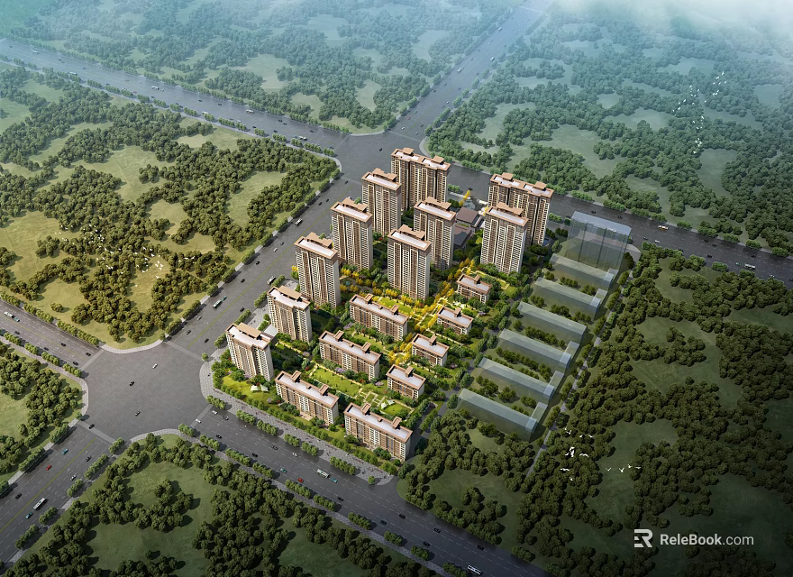 Birds Eye View Planning of High Rise Residential Complex With Green Spaces and Roads 3d model 