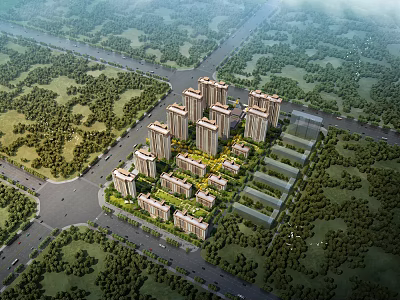 Birds Eye View Planning of High Rise Residential Complex With Green Spaces and Roads 3d model