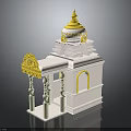 Traditional Pink Building with Yellow Dome Golden Spire Decorative Canopy White Pillars and Arched Window
