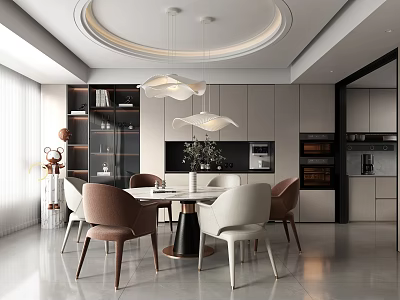 Modern Restaurant Interior With Round Dining Table Beige Brown Chairs Pendant Lights And Cabinets 3d model