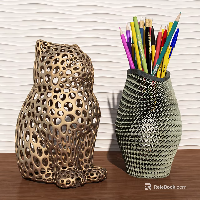 Decorative Leopard Shaped Hollow Metal Figurine And Textured Vase With Colored Pencils 3d model 