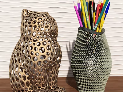 Decorative Leopard Shaped Hollow Metal Figurine And Textured Vase With Colored Pencils 3d model