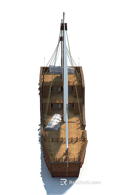 Traditional Wooden Boat With Mast Ropes And Deck Structure Details 3d model 