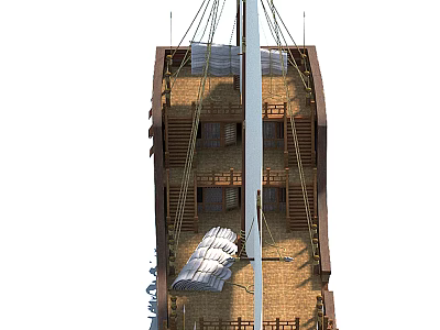 Traditional Wooden Boat With Mast Ropes And Deck Structure Details 3d model