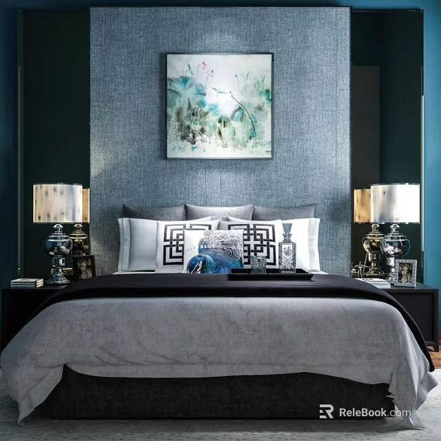 Gray Background Double Bed Interior With Decorative Painting Table Lamps Nightstands And Pillows 3d model 