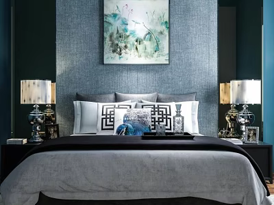Gray Background Double Bed Interior With Decorative Painting Table Lamps Nightstands And Pillows 3d model