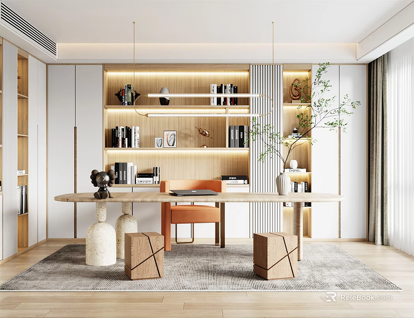 Modern Open Study Room Interior With Wooden Desk Built in Bookshelves And Green Plants 3d model 