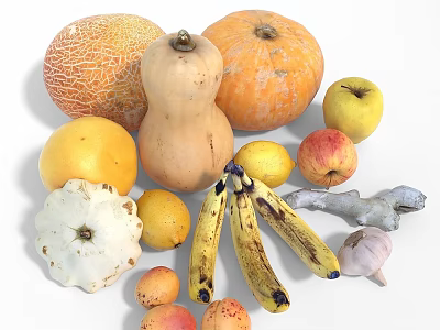 Assorted Fresh Fruits and Vegetables Including Cantaloupe Pumpkin Apples Bananas Ginger and Garlic 3d model