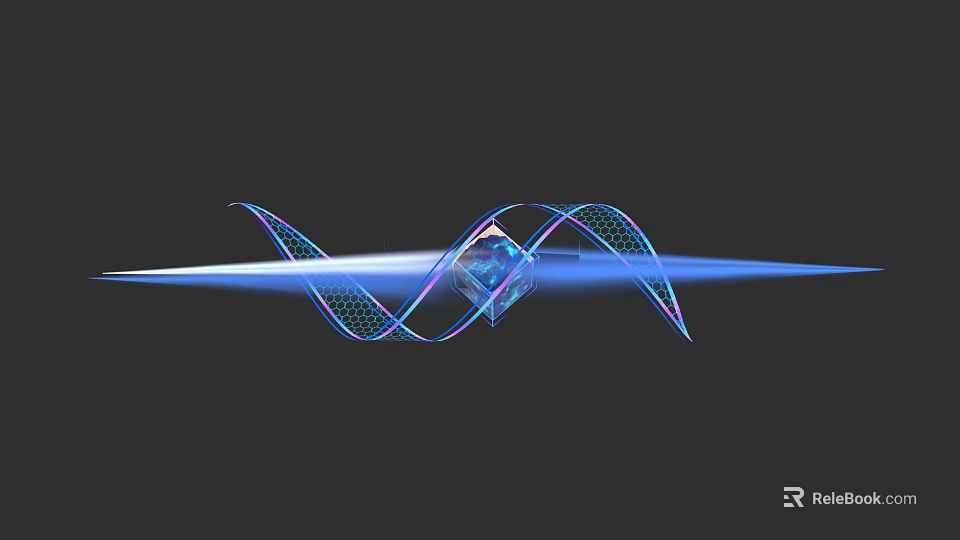 Modern Commercial Equipment With Blue Purple Wavy Design Transparent Cube And Glowing Lines 3d model 
