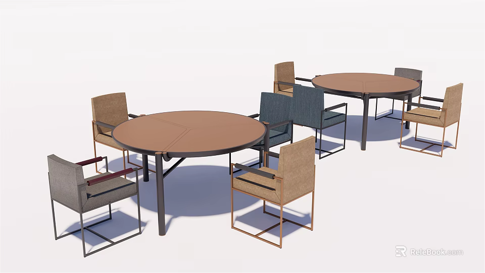Modern Round Table and Chair Set with Gray Beige Seats and Metal Frames 3d model 