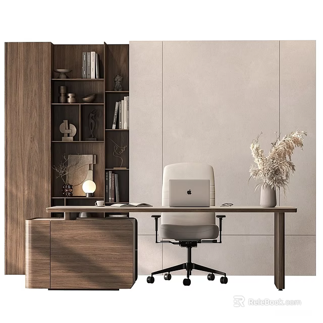 Modern Home Office Desk Interior With Wooden Bookshelf Office Chair Laptop Table Lamp And Dried Flowers 3d model 
