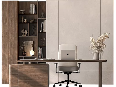 Modern Home Office Desk Interior With Wooden Bookshelf Office Chair Laptop Table Lamp And Dried Flowers 3d model
