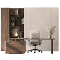 Modern Home Office Desk Interior With Wooden Bookshelf Office Chair Laptop Table Lamp And Dried Flowers