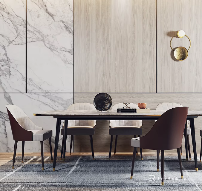 Modern Dining Table Set With Brown Leather Chairs And Marble Wall Decorative Lamp 3d model 