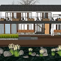 Waterfront Two Story Guesthouse Building With Dark Roof Wooden Deck Aquatic Plants And Person Standing