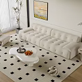 Modern Beige Sofa And White Coffee Table Set On Black White Checkered Rug 3d model