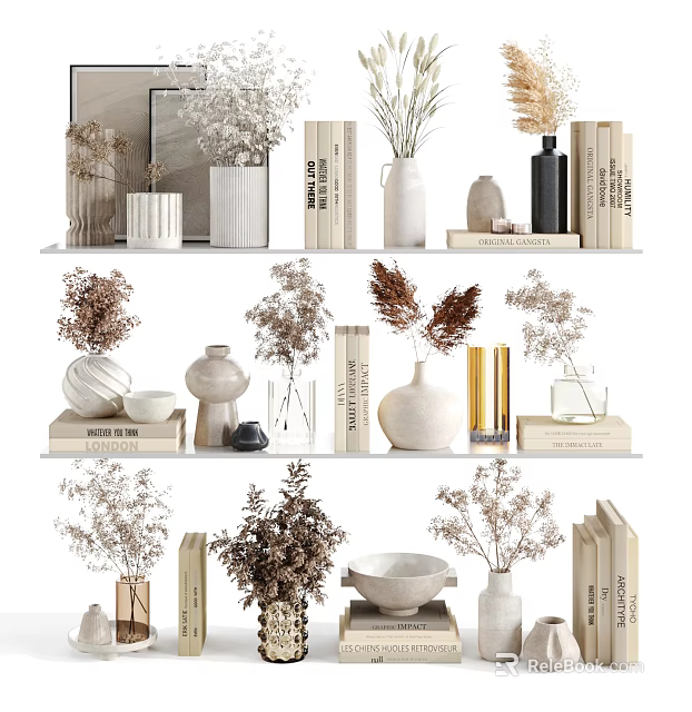 Stylish Decorative Ornament Set With Vases Dried Flowers Books And Ceramic Bowls 3d model 
