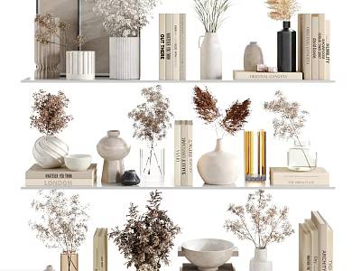 Stylish Decorative Ornament Set With Vases Dried Flowers Books And Ceramic Bowls 3d model