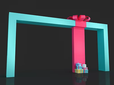 Light Blue Decorative Archway With Pink Bow On Top And Colorful Gift Boxes 3d model