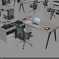 Modern Office Desk With Ergonomic Chair Laptop Stationery And Potted Plant