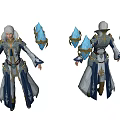 3D Model Of Game Character With White Hair Blue And White Robe Holding Ice Weapons