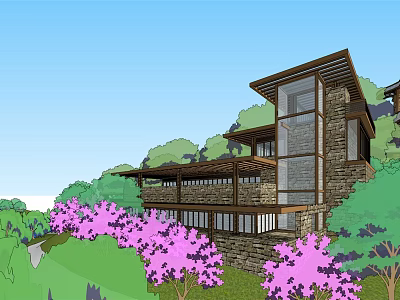 Modern Mountain House with Stone Walls and Glass Windows Surrounded by Green Trees and Pink Flowers 3d model