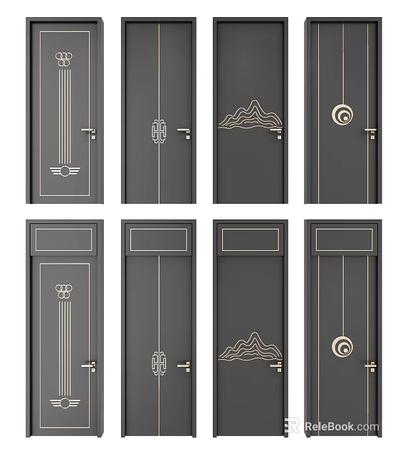 Hinged Doors With Modern Geometric Patterns And Golden Accents On Dark Background 3d model