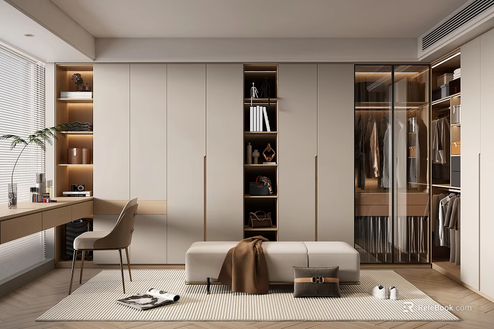 Modern Walk in Closet Interior With Open Shelves Bench And Hanging Clothes 3d model 