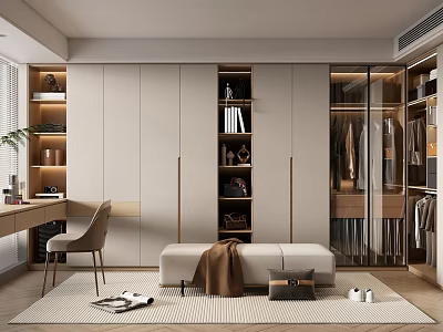 Modern Walk in Closet Interior With Open Shelves Bench And Hanging Clothes 3d model