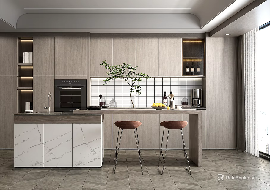 Elegant Modern Kitchen Interior With Light Wood Cabinets Marble Island And Stools 3d model 
