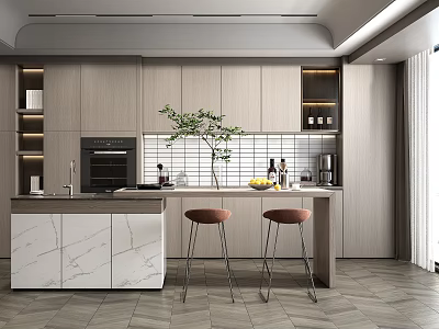 Elegant Modern Kitchen Interior With Light Wood Cabinets Marble Island And Stools 3d model
