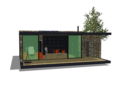 Modern Small House With Large Glass Walls Black Roof Tree And Orange Chairs 3d model