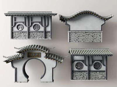 Traditional Chinese Architectural Exterior Walls With Tile Roofs Round Archways And Carved Windows 3d model