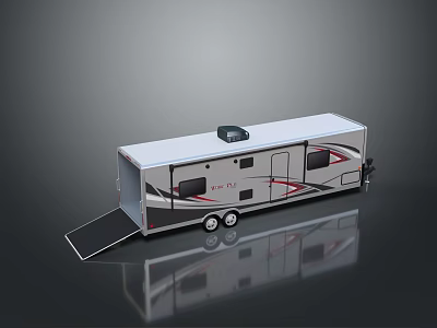 Silver Recreational Vehicle With Black Awning Red Accent Stripes And Ramp For Easy Access 3d model