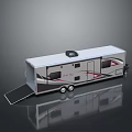 Silver Recreational Vehicle With Black Awning Red Accent Stripes And Ramp For Easy Access