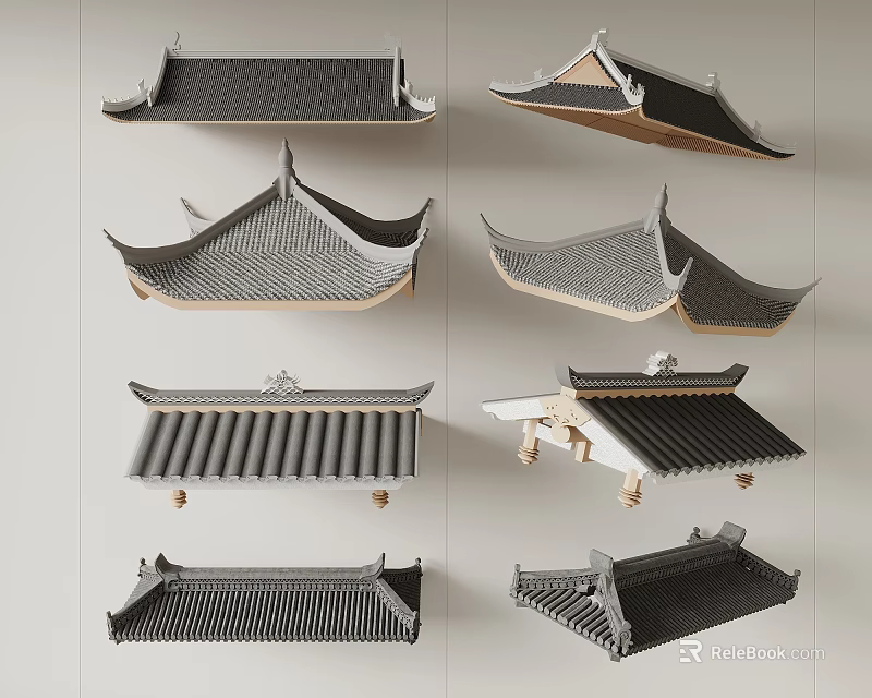 Traditional Chinese Ancient Architecture Roof Components With Various Tile Eave Structures And Designs 3d model 
