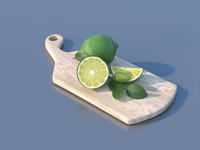 Fresh Lime on Wooden Cutting Board with Sliced Pieces and Mint Leaves 3d model