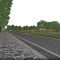 Urban Road Facilities With Cobblestone Pavement Green Belts Trees And Distant Vehicles Under Cloudy Sky