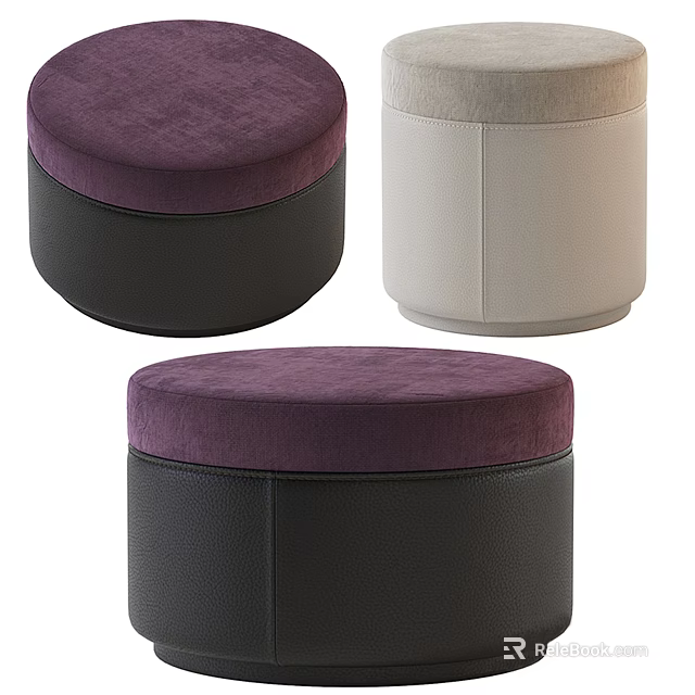 Set Of Three Modern Round Purple And Beige Velvet Ottoman With Black Base 3d model 