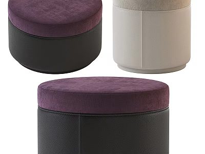 Set Of Three Modern Round Purple And Beige Velvet Ottoman With Black Base 3d model